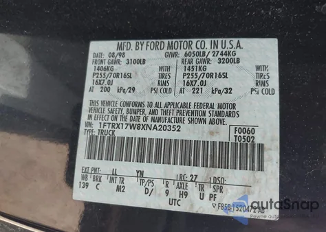 1999 Ford F-150 Lariat/Work Series/Xl/Xlt z USA, uszkodzony, nr VIN 1FTRX17W8XNA20352